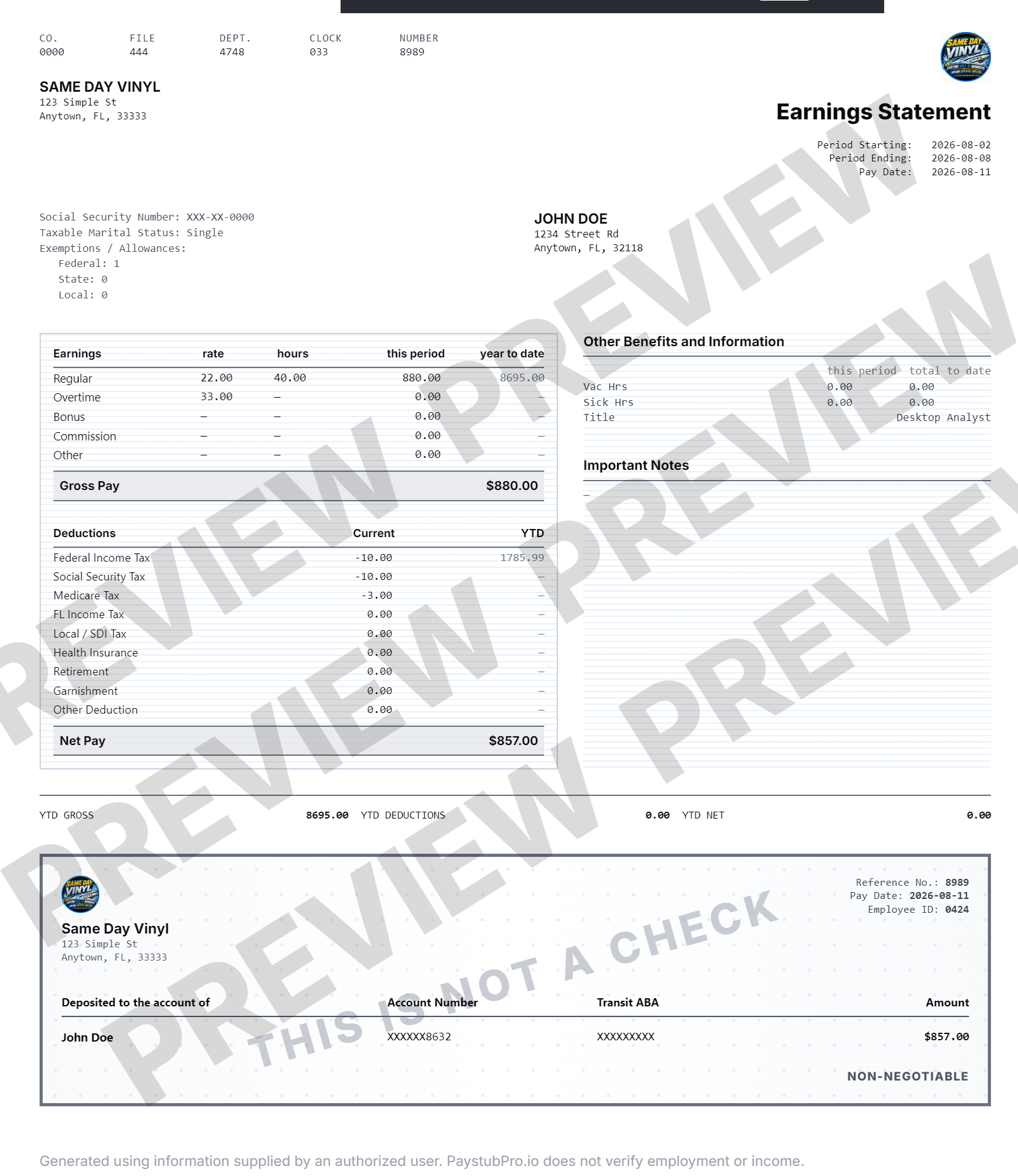 Professional pay stub template with earnings and deductions