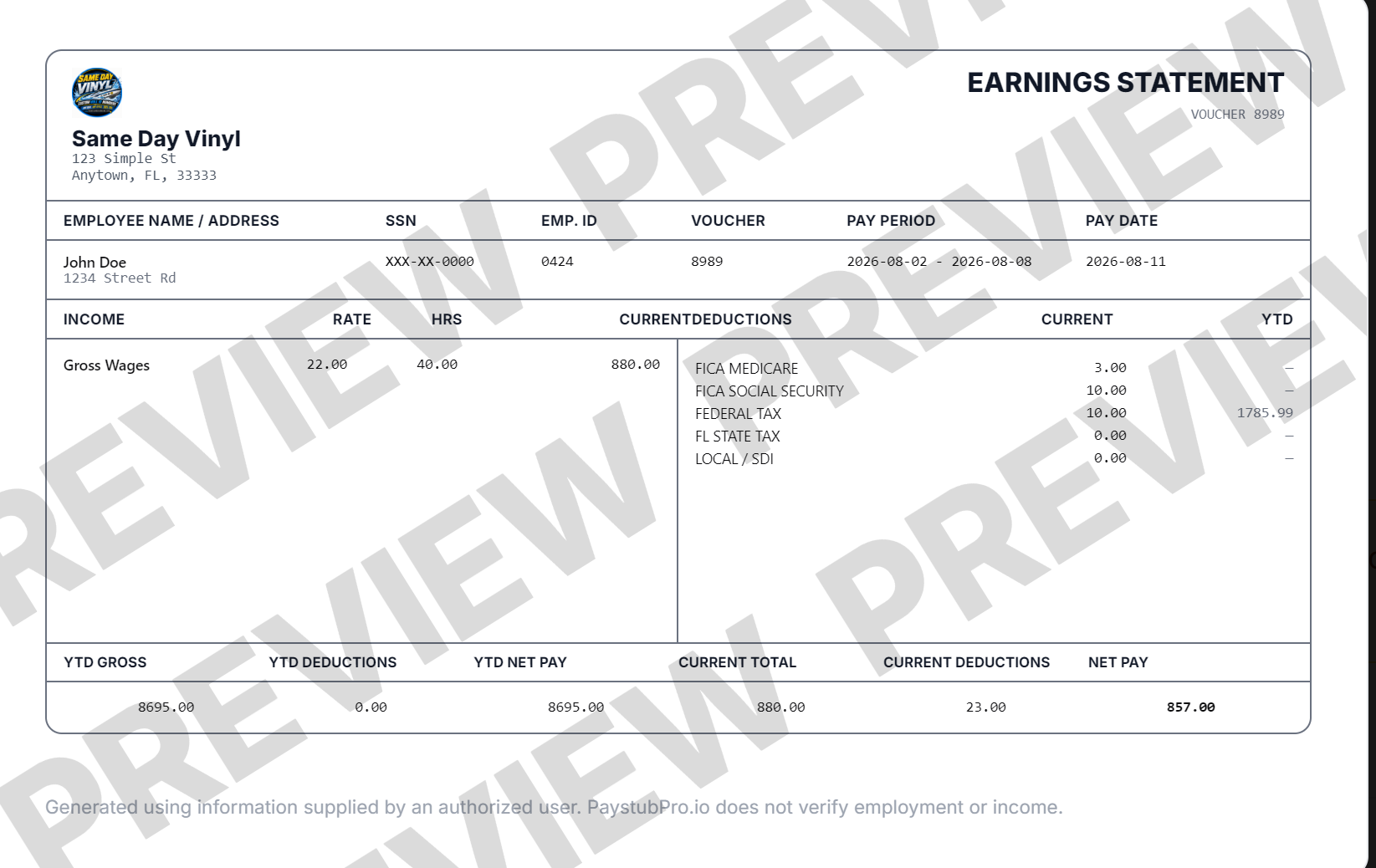Wide professional earnings statement template preview