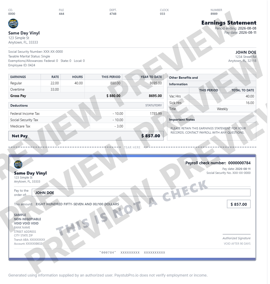 Clean itemized pay stub template preview